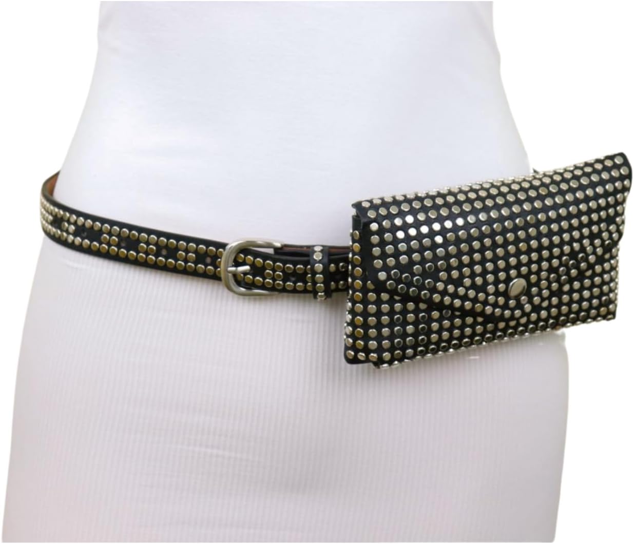 Women Fashion Skinny Belt Hip High Waist Silver Metal Studs + Mini Bag Wallet Size S M z037