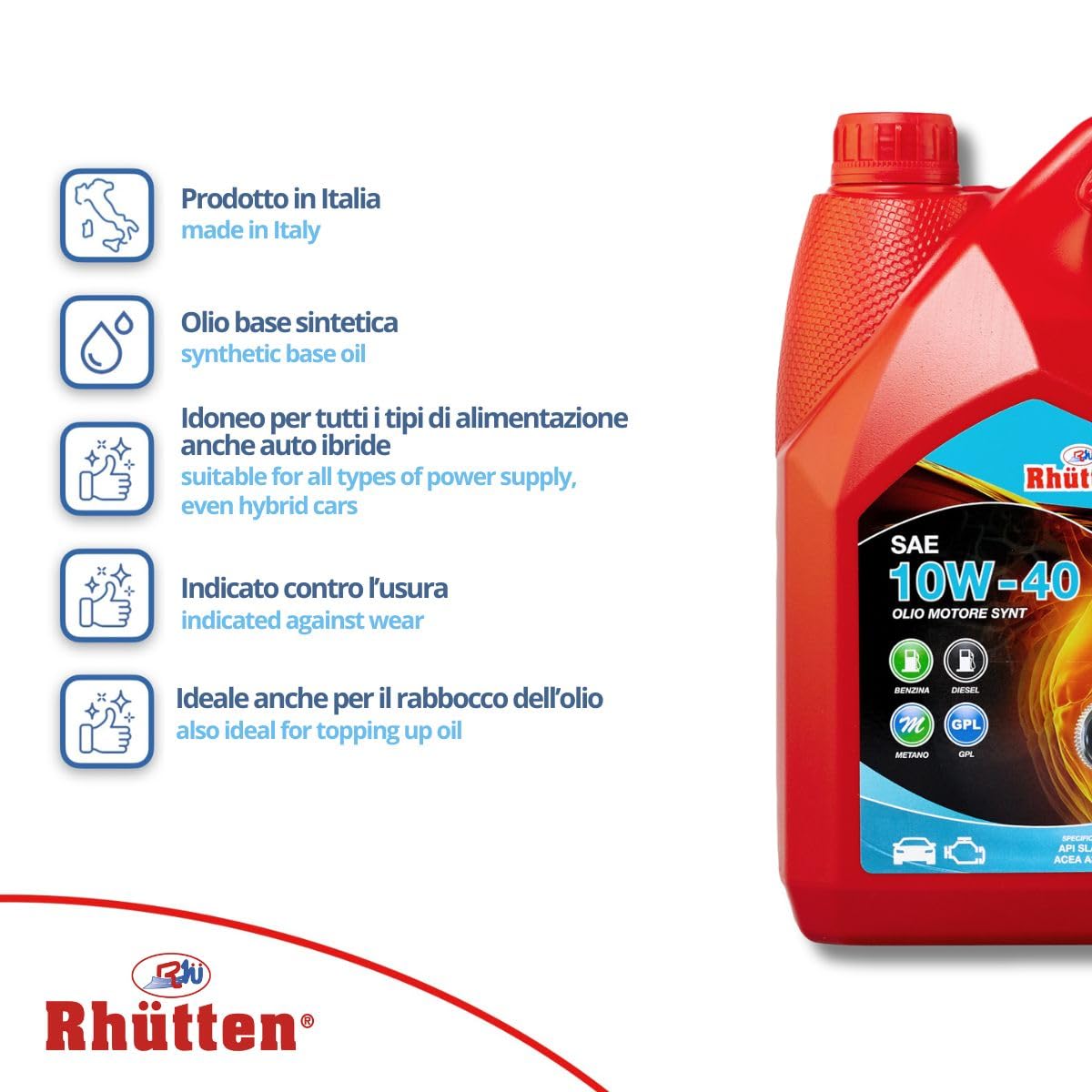 Rhutten, Olio Motore 10W40, Auto, Semi Sintetico, Benzina, Diesel, Gpl, Auto Ibride, 4L