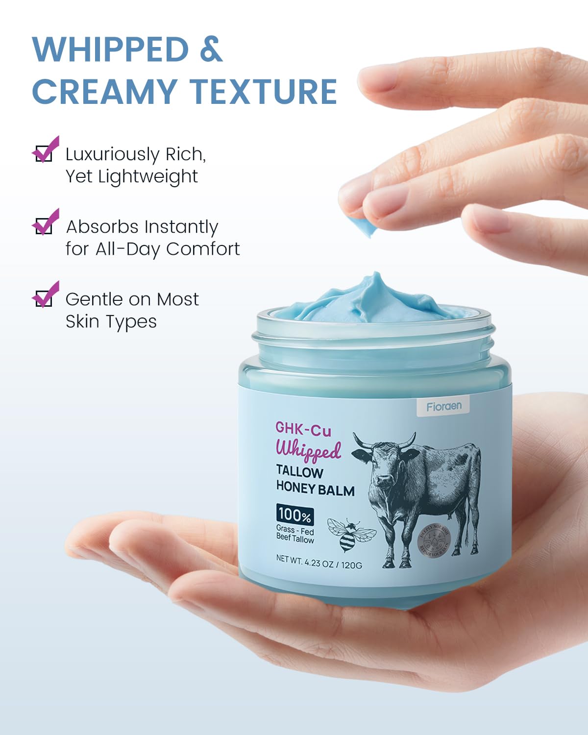 25,000ppm GHK-Cu Copper Peptide Whipped Beef Tallow Balm, 4 oz
