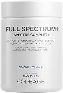 Codeage Full Spectrum+ Systemic Binder Supplement - Activated Charcoal Pills, Bentonite Clay Mineral Powder, Fulvic &amp; Humic Acids, Molybdenum, Carbon Forms - 90 Capsules