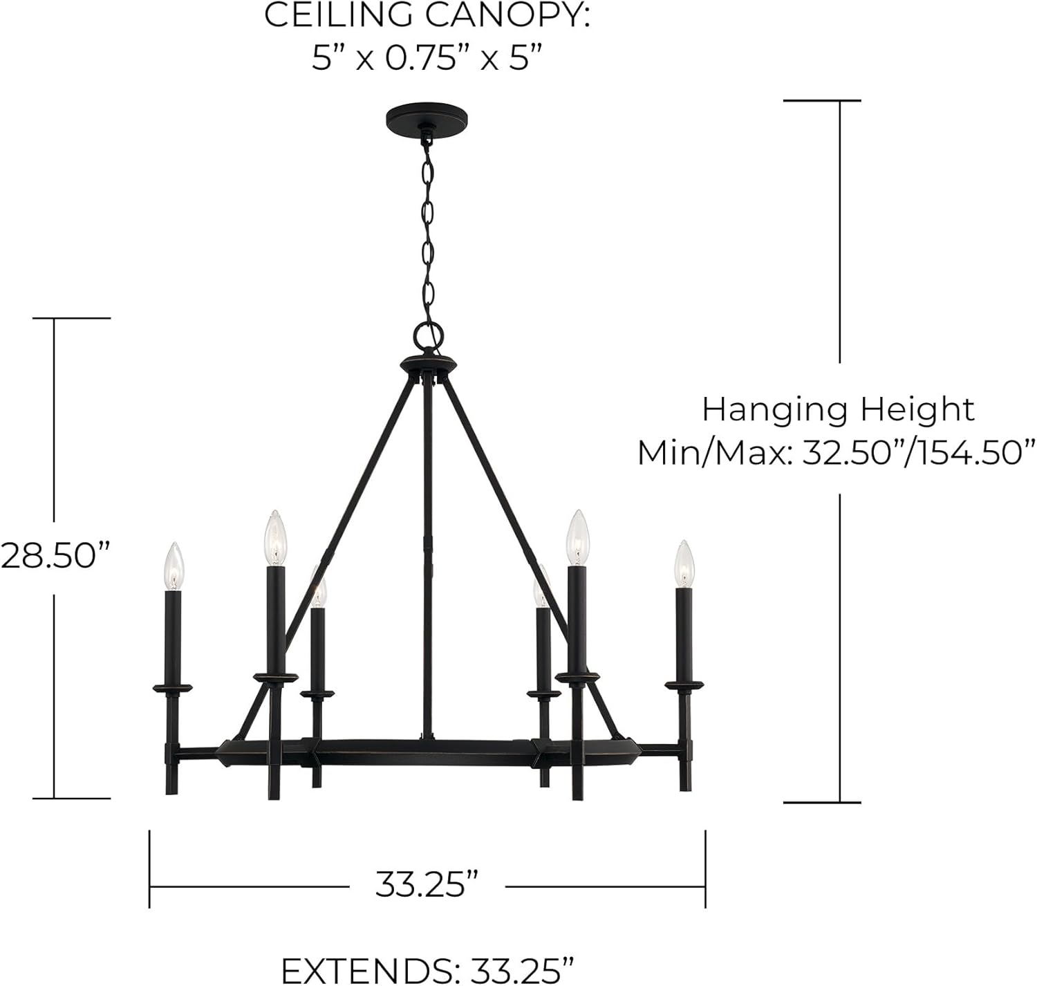 Capital Lighting 445261IH Ogden Transitional Wagon Wheel Chandelier, 6-Light 360 Total Watts, 29" H x 33" W, Brushed Black Iron