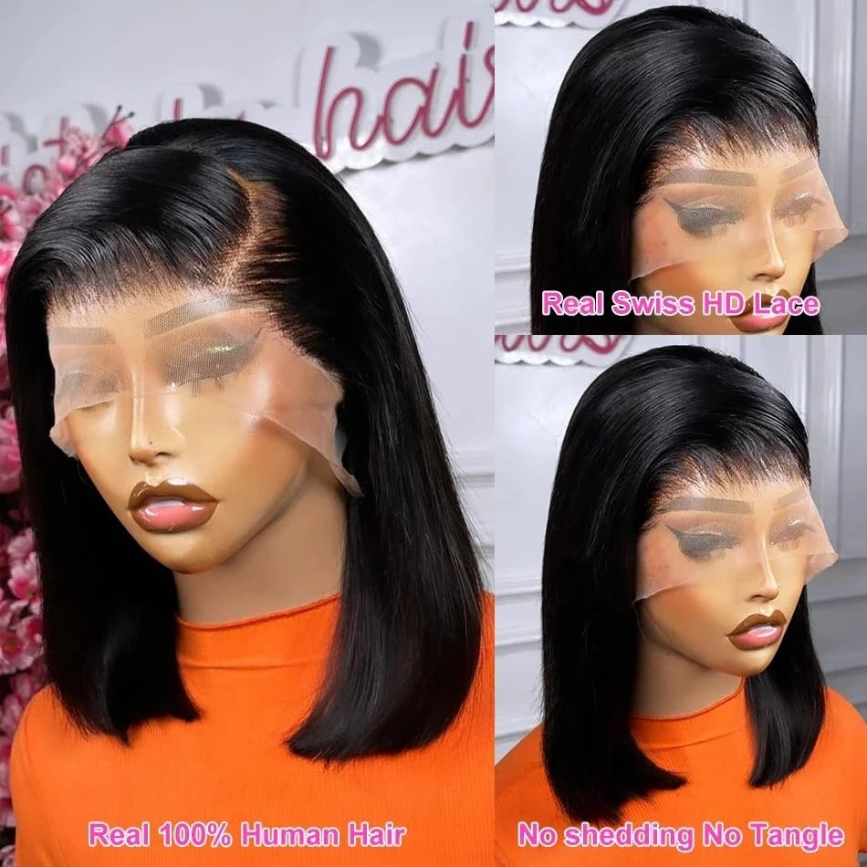 wigs 100% Vietnamese Super Double Drawn Bone Straight 13x4 Frontal Bob Wig with Human Hair Natural Black 180% Density For Black Women hairpiece(NATURAL BLACK_16INCHES)