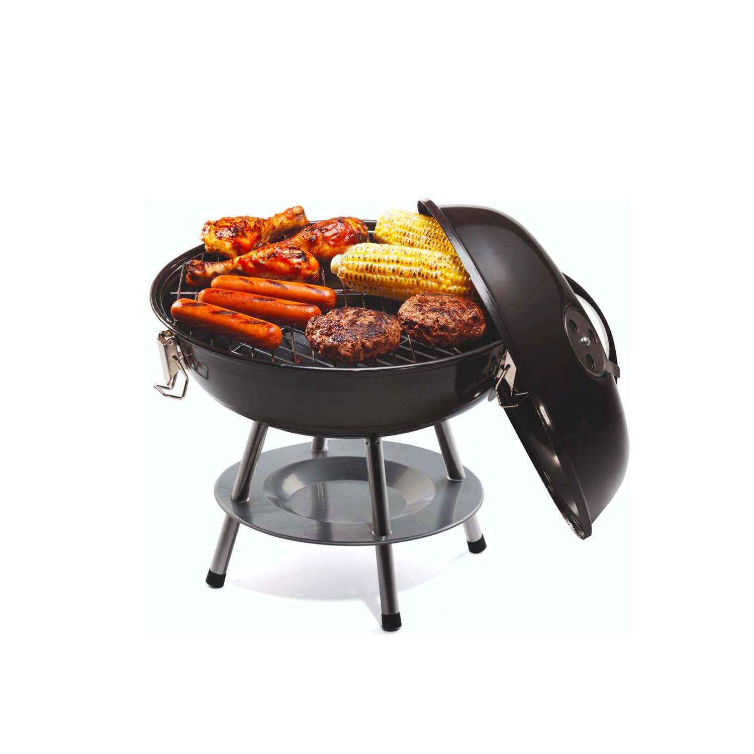 Grill okrągły z pokrywką 39 x 34 cm – idealny do gotowania mięsa i ryb w ogrodzie, na tarasie lub na kempingu - z grillem ze stali nierdzewnej i zestawem montażowym - odporny na warunki