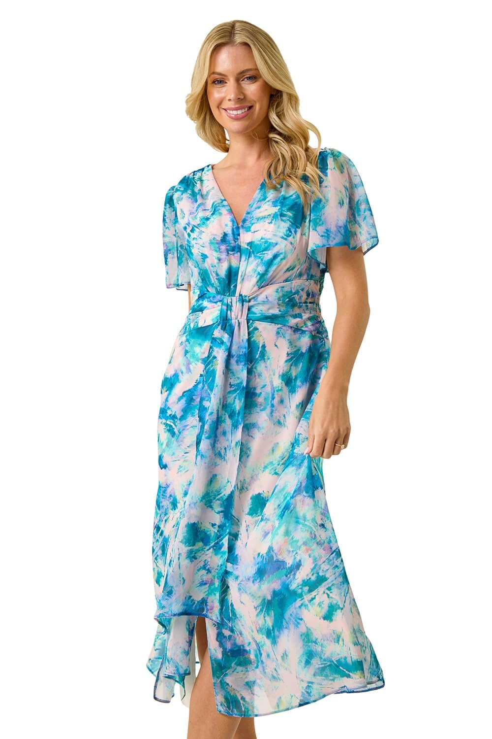 Roman Petite Abstract Print Ruched Midi Dress for Women UK - Ladies Spring Everyday Summer Holiday V-Neckline Comfy Short Sleeve Soft Fit & Flare Frock Dinner Date Gowns - Turquoise - Size 12