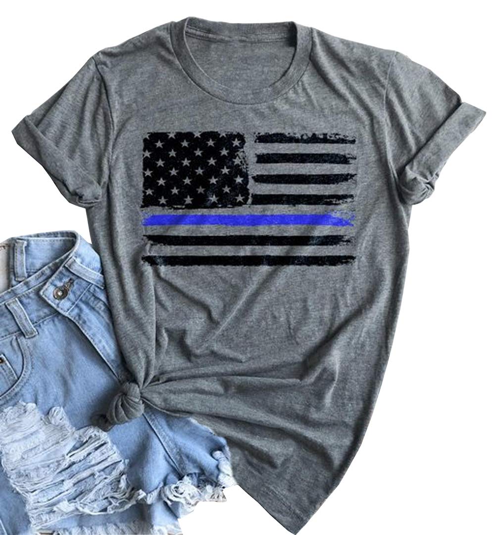 MEETSKYUS Flag Thin Blue Line Shirt Women Police Shirt Distressed American Flag July 4th Patriots Shirt Blue Lives Matter Tee