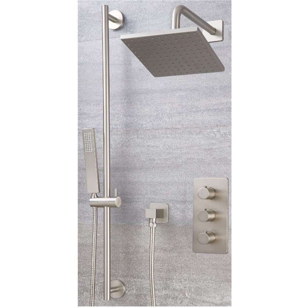 Milano Hunston Thermostatic Mixer Valve 200Mm Square Shower Head Handset Riser Rail - Brushed Nickel