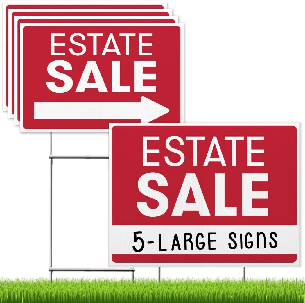 Real Estate Sale Yard Signs - 5 Pack Doublesided (1) 18"x24” & (4) 12"x18" - Included (5) Heavy Duty H Wire Stakes (Pixelverse Design)