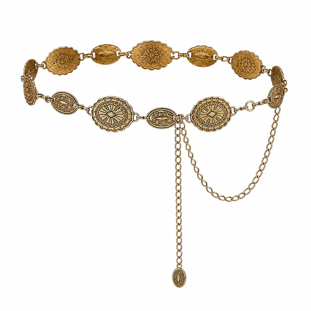 Waist Chain for Women for Saree Gold Metal Concho Waist Belt Stylish Boho Western Hip Belt Fashion Adjustable Cowgirl Jewellery Chain Belts for Dresses, Jeans, Skirts, Beach Outfits-picture-34