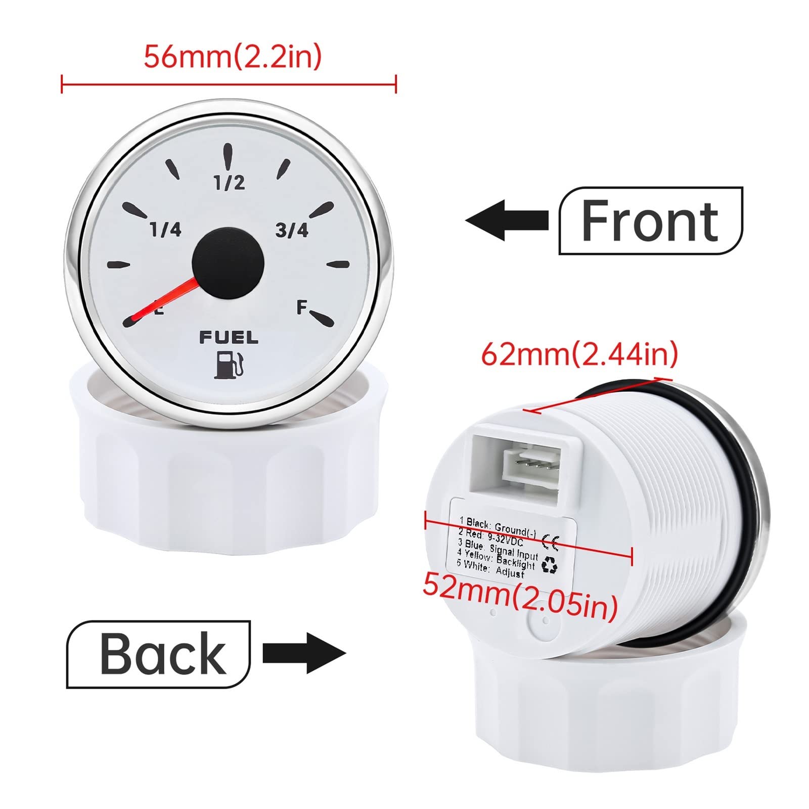 Czujnik poziomu cieczy, 52mm wodoodporny wskaźnik poziomu paliwa z 7 kolorowym podświetleniem + 240~33 Ohm czujnik poziomu paliwa pasuje do samochodu łódź morska RV Camper(With 450mm)
