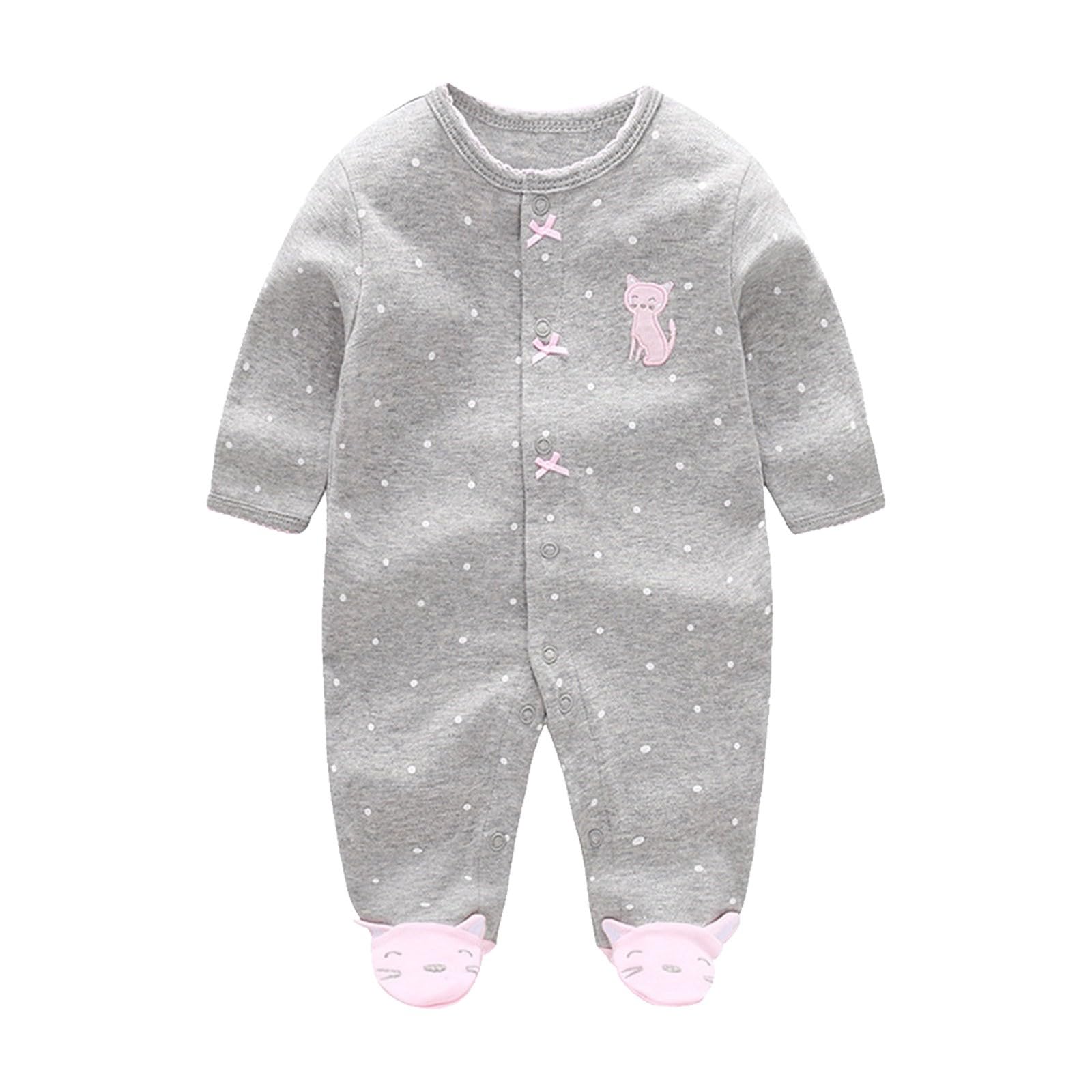 Infant Toddler Baby Girls Rompers Cotton Long Sleeve Solid Color Cute Cat Print Jumpsuits Unisex Snap-Up Play Footies