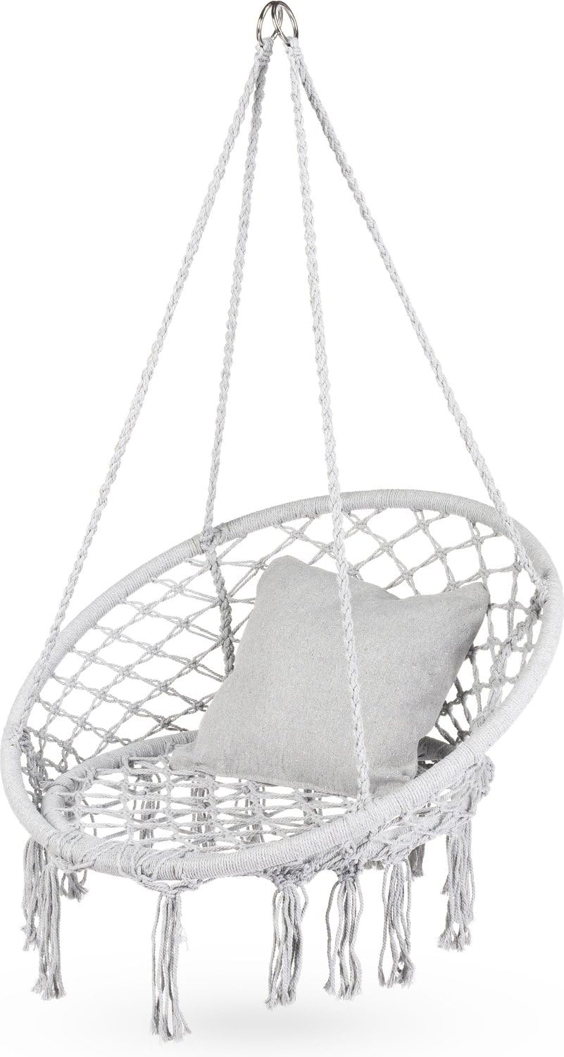 Fauteuil Suspendu 1 Personnes XXL avec Coussin, Single Chaise Suspendue Exterieur de jusqu'à 150 kg, Boho Chaise Hamac Suspendu Interieur, Fauteuil Balancoire Bohème, Ideal pour Jardin, Gris