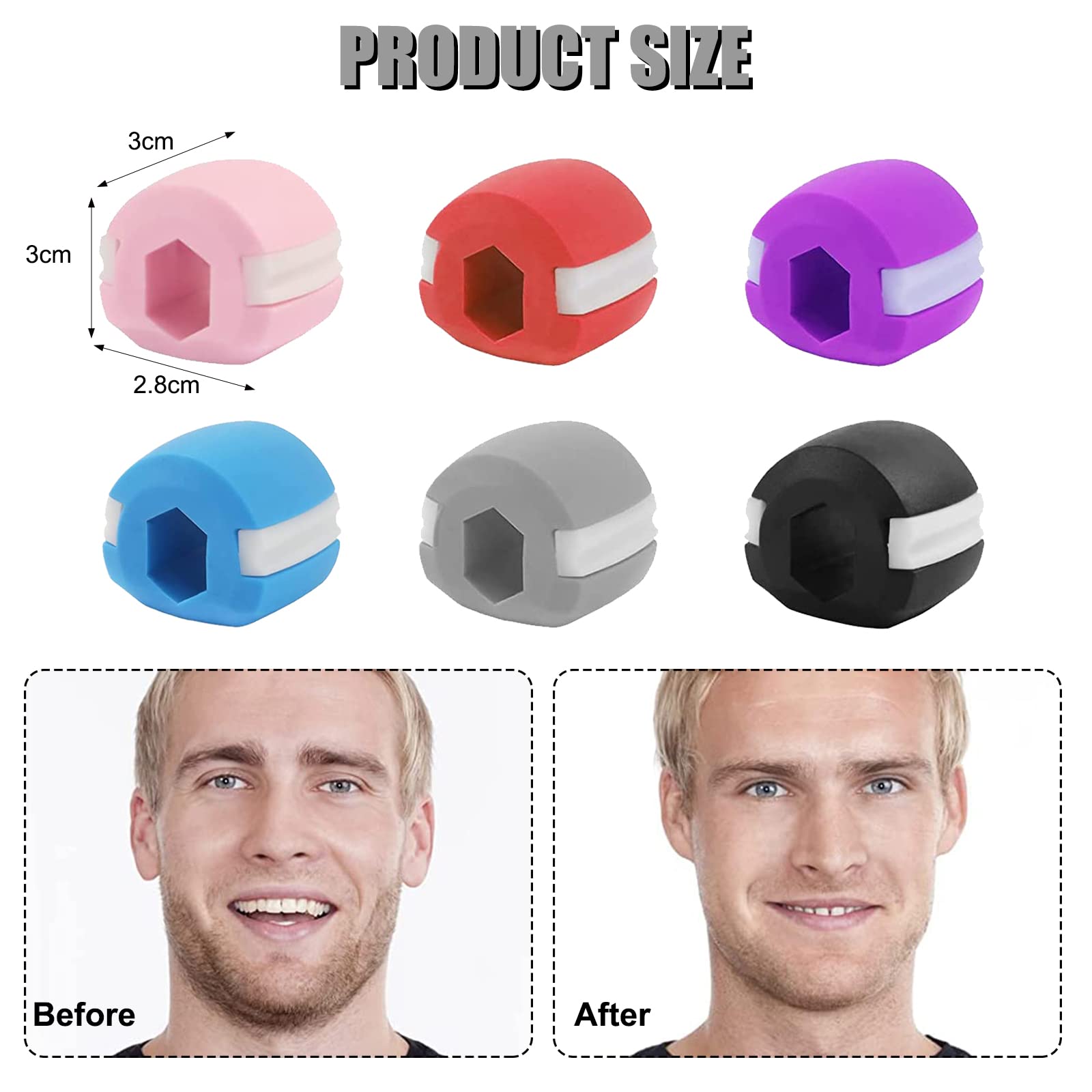 Jawline Trainer, 6 stuks, met koord, kaaktrainer, gezicht, fitness, kogelhalstrainer, kaaktrainer, geschikt voor levensmiddelen, siliconen kaaktrainer, dubbele kin-reductiemiddel, voor mannen en