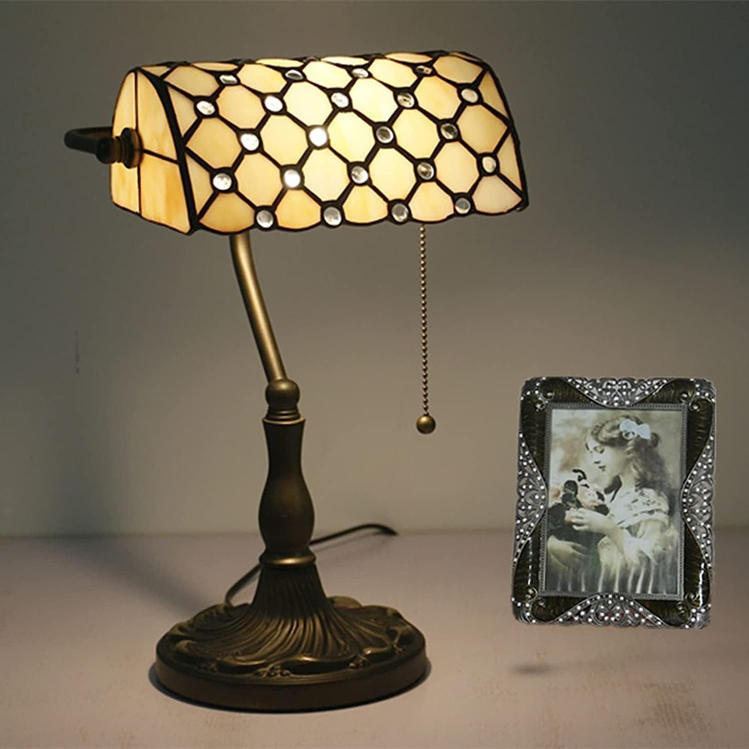 Bankiers Tischlampe, farbige Glaslampe, Kristallperlenschreibtischlampe, Schlafzimmer in der Nacht Leselampe (beige gelbe Glasperlenschatten) Innovate