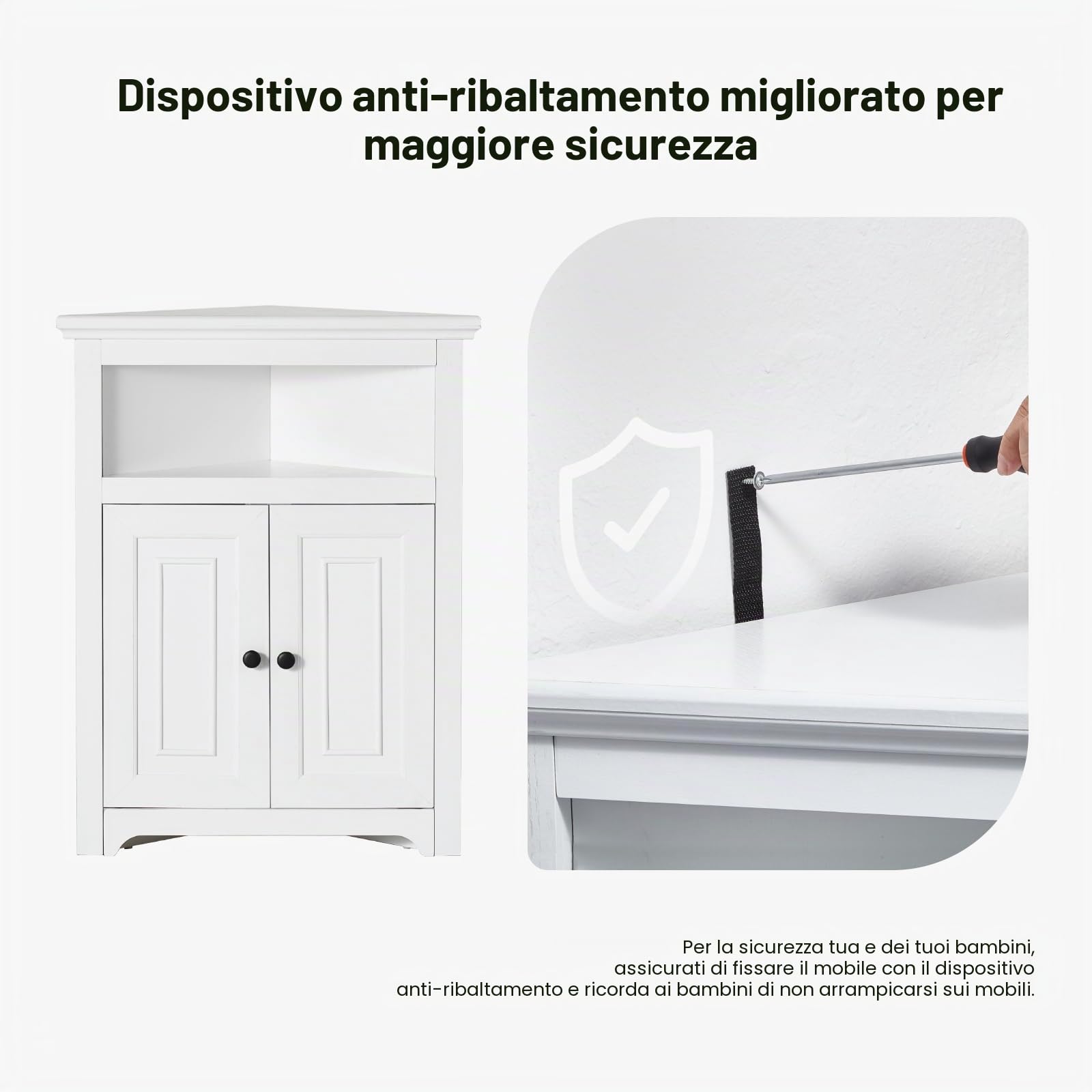 VEVOR Mobiletto Angolare Portaoggetti Altezza 84,5cm Mobiletto da Casa in Legno con 2 Porte Ripiani Regolabili, Mobiletto Angolare Indipendente per Soggiorno, Cucina, Lavanderia, Bagno, bianco