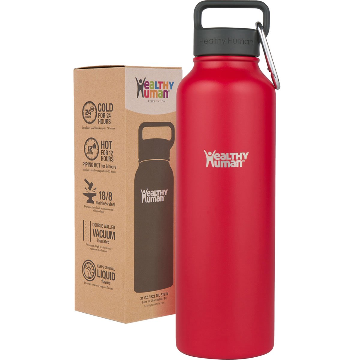 Healthy Human Stainless Steel Water Bottle | Double Walled Vacuum Insulated Water Thermos for Adults | Eco-Friendly Travel Bottles with Leak Proof Lid (Red Hot, 40 oz / 1183 ML)