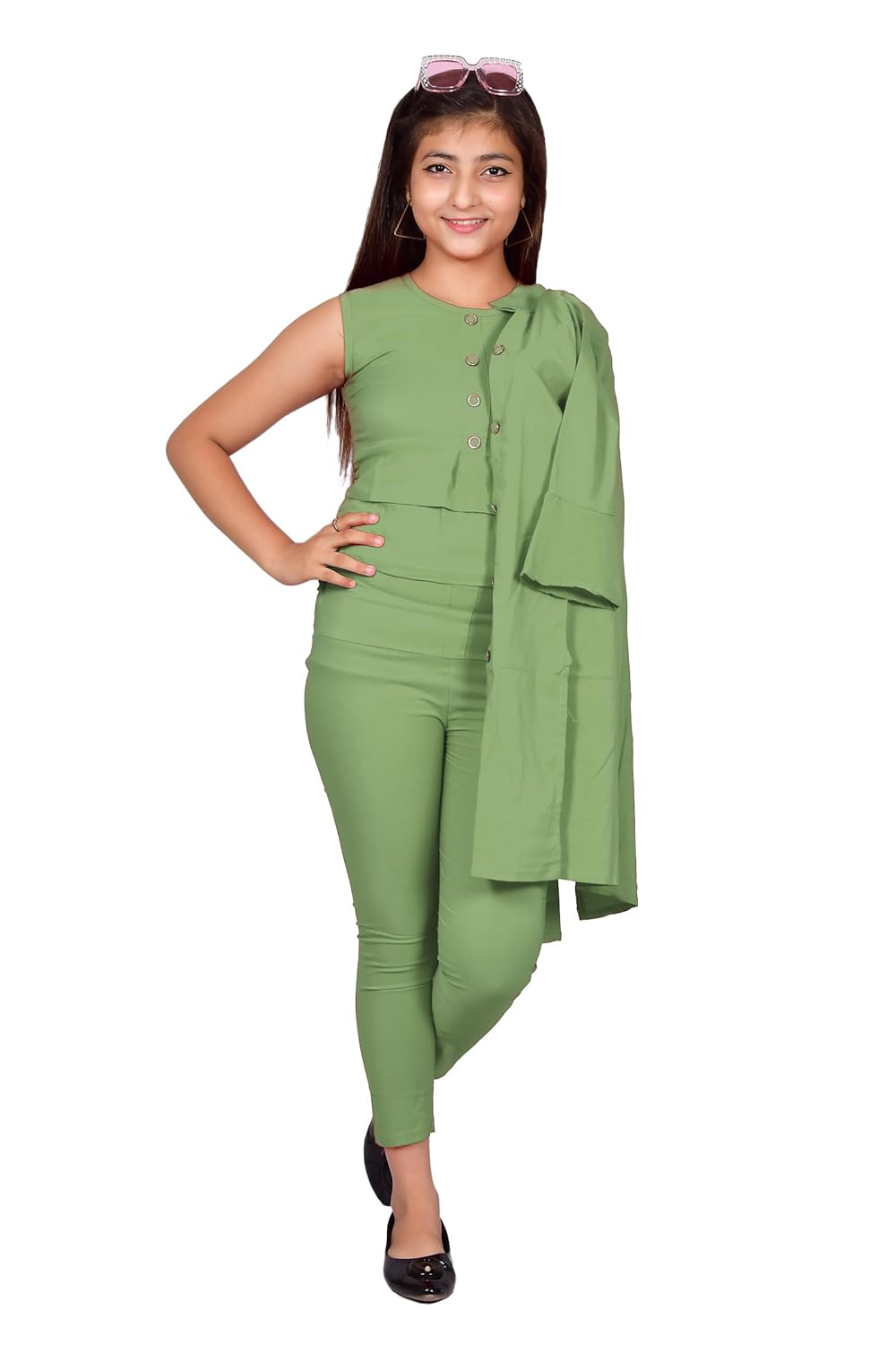 Trendy Dress for Girls Cotton Blend 3/4 Sleeveless and Traditional Jumpsuit for Girls Kids Dresses | Designer 3 Piece Dress with Shrug/Coat/Pant