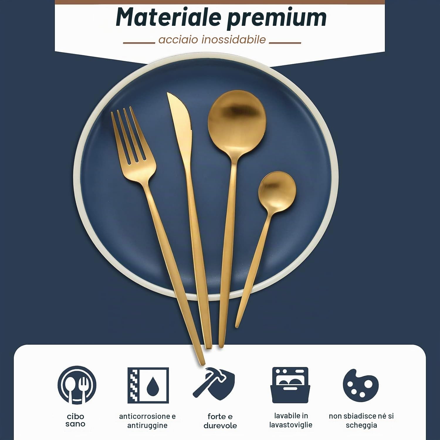 Bestdin Set di posate per 6 persone, 24 pezzi, posate oro opaco, set di posate con coltello, forchetta, cucchiaio, posate in acciaio inox di alta qualità, lavabili in lavastoviglie.