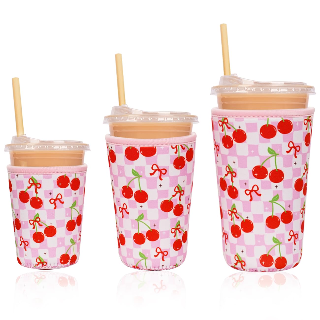 Reusable Insulated Neoprene Iced Coffee Cup Sleeve, Durable Drink Sleeve for Cold Beverages, Beverage Holder for Iced Coffee (Cherry Gleam)