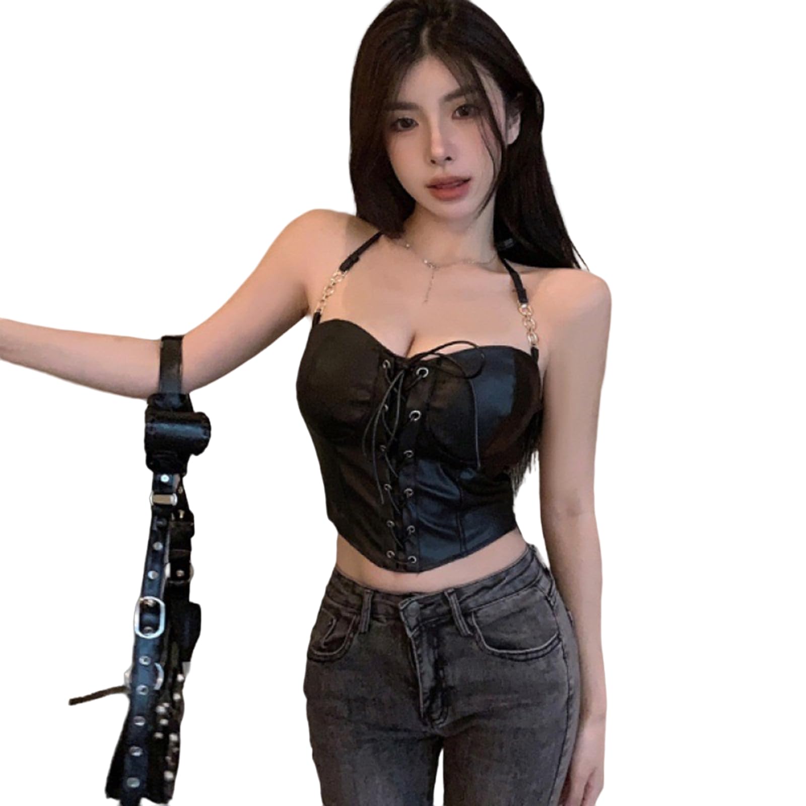 Canottiera Donna Cotone Lavo-Up Black Pu Crop Top Corset Womens Women Streetwear Streetwear Streetwear