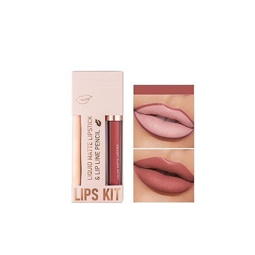 Velvety - Lápiz labial líquido mate con juego de maquillaje de lápiz de labios suave a juego brillo de labios duradero taza antiadherente de larga
