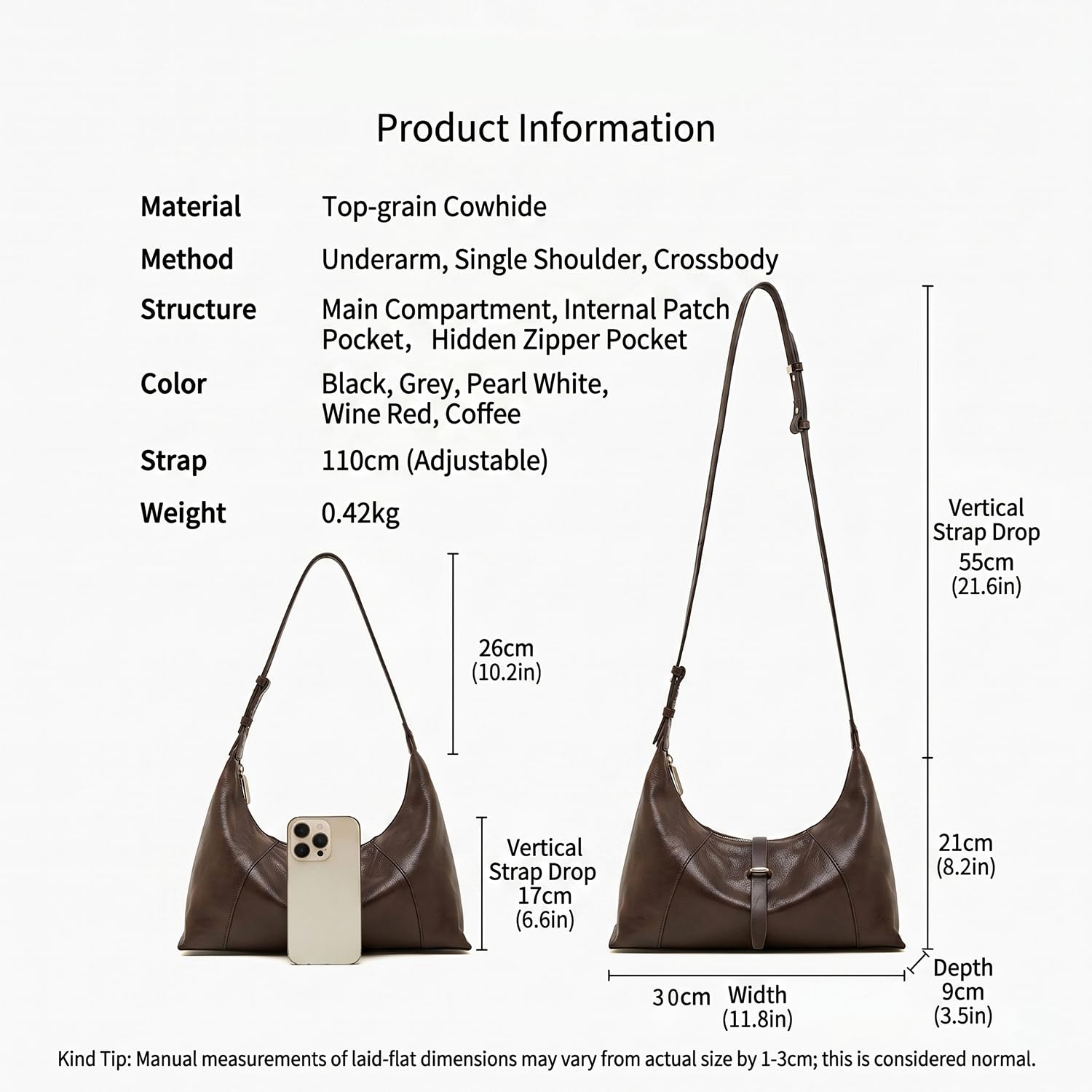 PDSSUNNY Damen Hobo Tasche aus Pflanzlich Gegerbtem Leder, Retro Schultertasche Croissant, Minimalistische Unterarmtasche Baguette, Kleine Umhängetasche Glänzend
