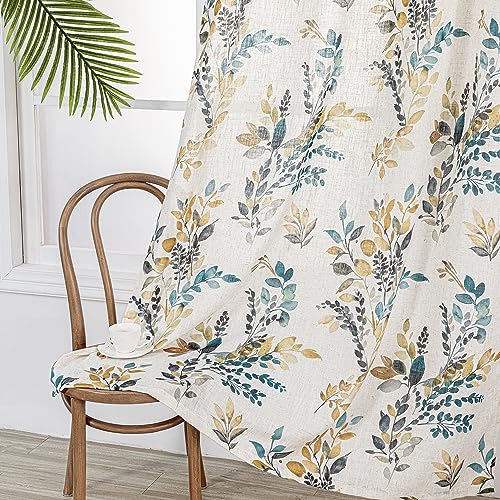 Image of MYSKY HOME Curtains for Living Room Semi Sheer 84 inch Length Light Filtering Privacy Protect Drapes Set Linen Blended Texture Soft Touch Leaves Pattern Treatment, 52 inch Wide, Yellow and Blue, 2 Panels