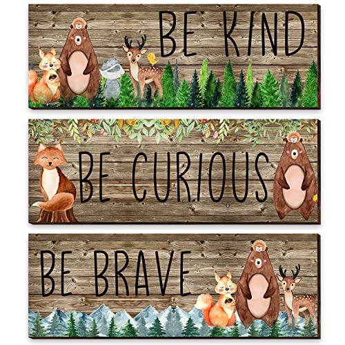 Image of Jetec 3 Pcs Woodland Animal Nursery Decor Safari Wall Art Be Kind Brave Curious Cute Light Brown Nursery Decor Wood Rustic Forest Jungle Animals Style 11 x 4 Inch for Bedroom Classroom Home