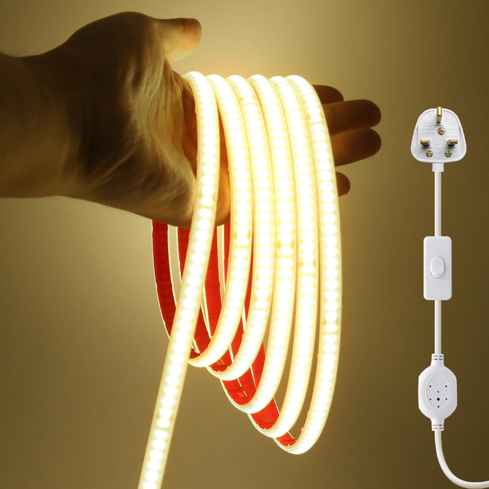 KAFULA 220V COB LED Strip Light with On/Off [28m,Natural White 4000-4500K],IP67 Waterproof Flexible,240 LEDs/m Silicone FCOB LED Fairy Lights CRI90+,Can be Cut Every 10cm,Home Lighting