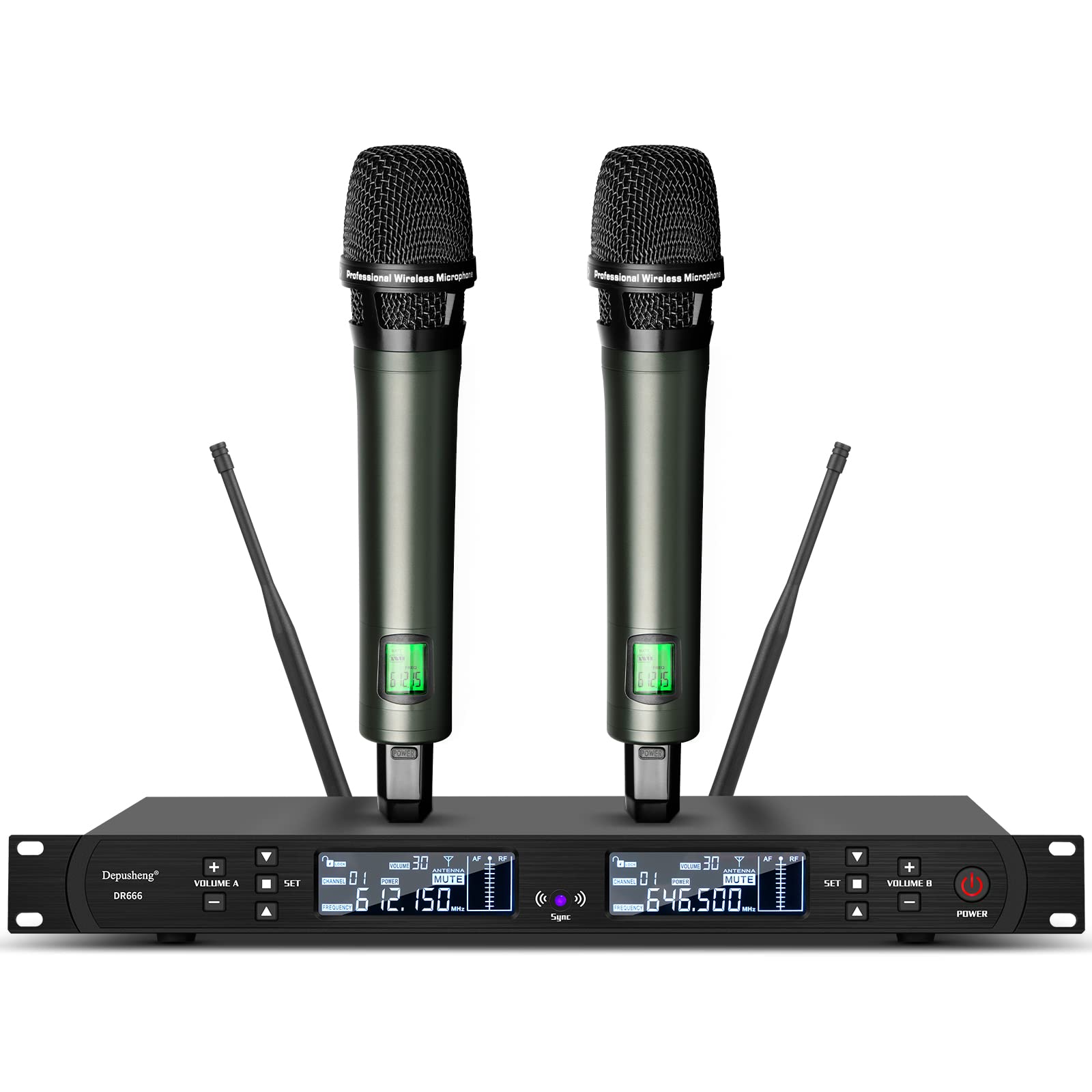 Depusheng DR666 Microfono wireless professionale Karaoke Doppio microfono senza fili palmare, scocca in metallo, ricezione a lunga distanza 100 metri, dedicato per il palcoscenico del bar