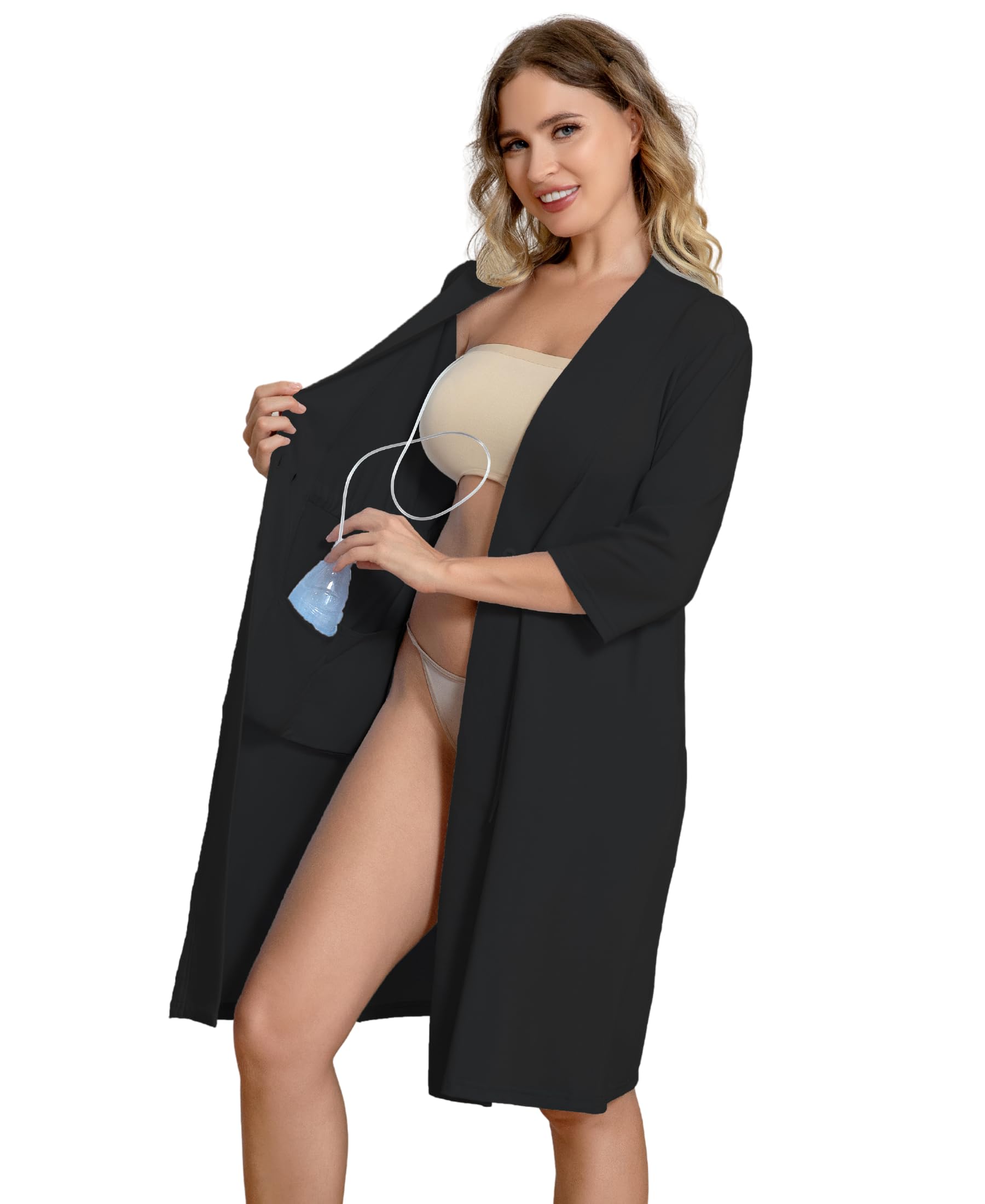 Photo 1 of Mastectomy Robe with 4 Drain Pockets for Womens Hospital Night Gown Post Surgery Recovery 3/4 Sleeves Dress Breast Cancer Patient Sleepwear Pajama Shirts