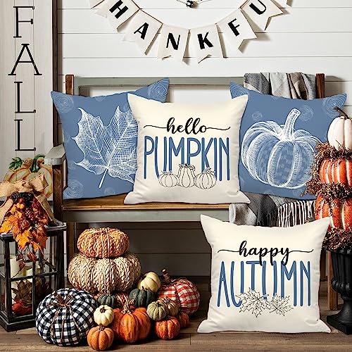 Ywlake Blue 18x18 Throw Fall Pillow Covers Set of 4, Maple Leaf Pumpkin Decorative Holiday 18 x 18 Autumn Cushion Covers Thanksgiving Pillow Case for Indoor Home Bedroom Couch Sofa Decor - Image 4