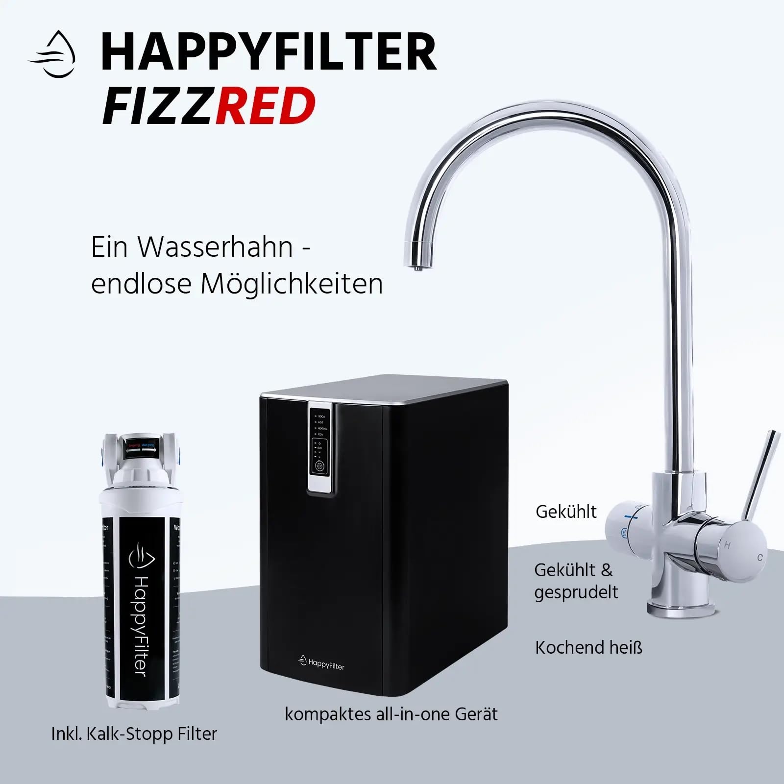 HappyFilter FizzRed Wassersprudler Wasserkocher | gekühlt | gesprudelt | kochend| 5in1 Black Wasserhahn | Kalkfilter | Wasserspender | Büro | Küche | Festwasseranschluss | 2kg CO2 Adapter