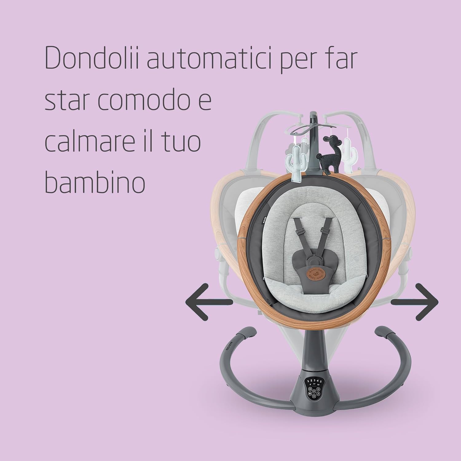 Maxi-Cosi Cassia Sdraietta Neonati Elettrica per Bambini, 0-6 mesi, max 9 kg, Altalena Neonato Girevole 360°, Reclinabile, Rilevamento Automatico Movimento, 5 Velocità, 12 Melodie, Essential Graphite