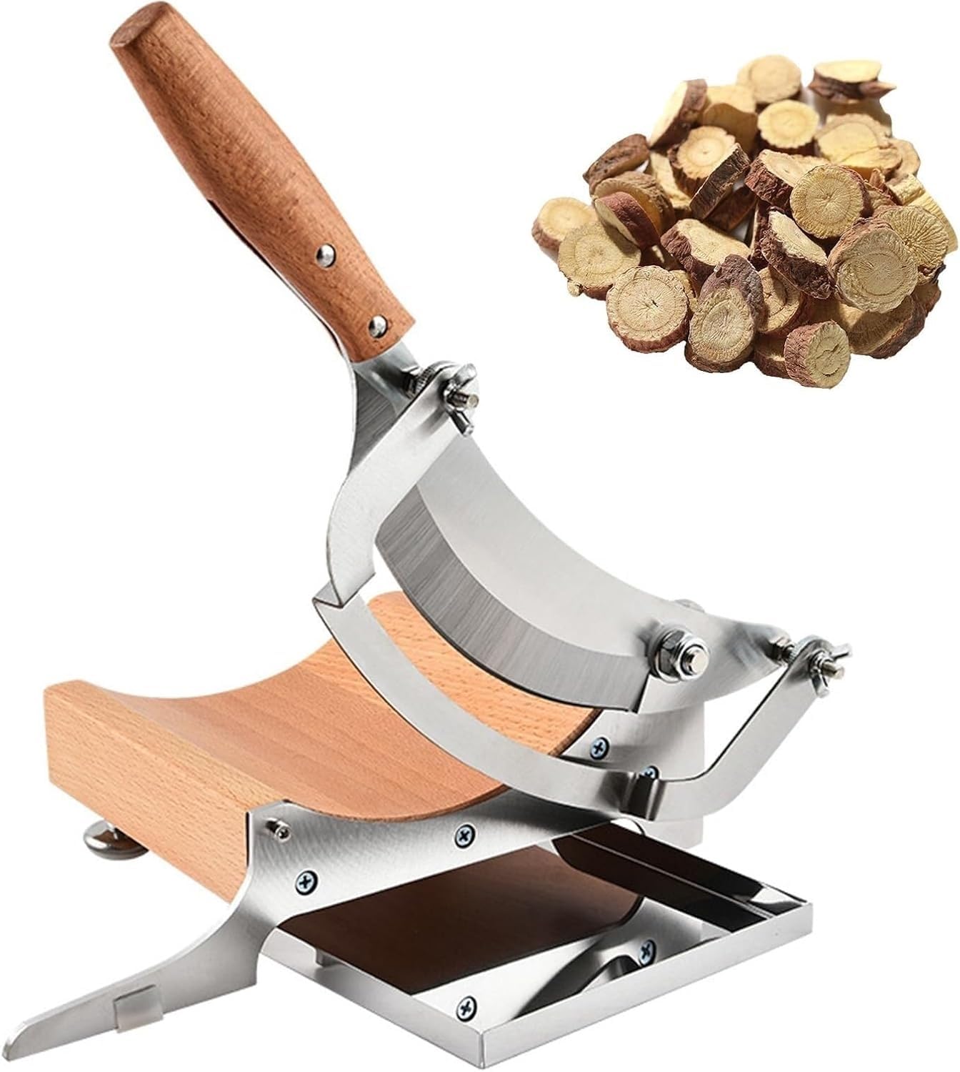 Manueller Allesschneider Mit Holzsockel, Edelstahl, 0–12 Mm, Verstellbare Dicke, Zweischneidig, For Chinesische Kräuter, Biltong, Trockenfleisch Vom Rind, Harte Früchte