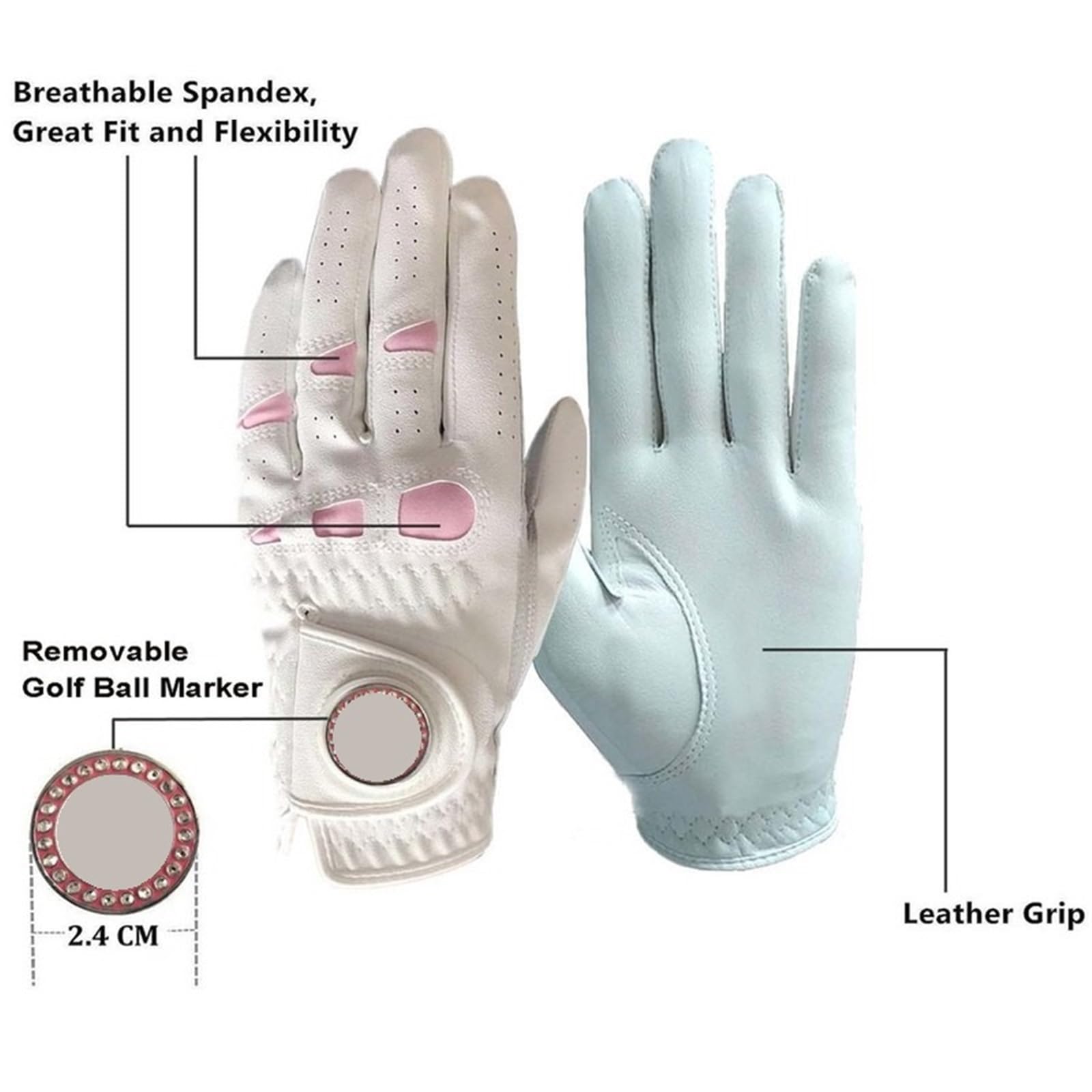 Golfhandschuh 2 Stücke/1 Paar Leder Golf Handschuhe Frauen Mit Bling Ball Marker Extra Grip Links Rechts Hand Rosa Fit Damen Mädchen Golfer