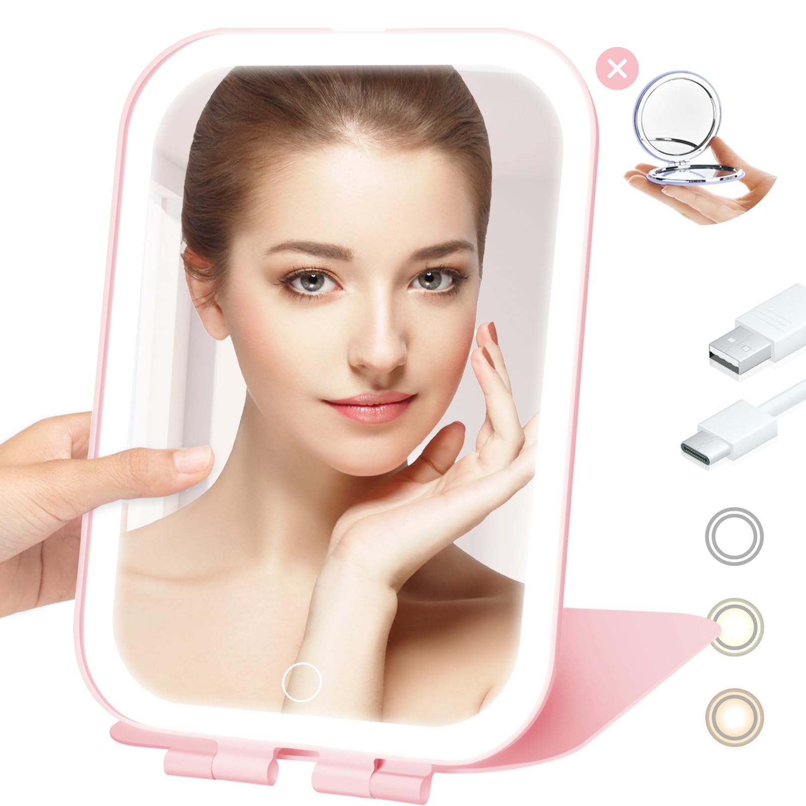 Travel Mirror with Light, Rechargeable Portable Makeup Mirror with Battery-Powered, 3 Colors LED Lighting, Dimmable Touch Screen Vanity Lighted Mirror