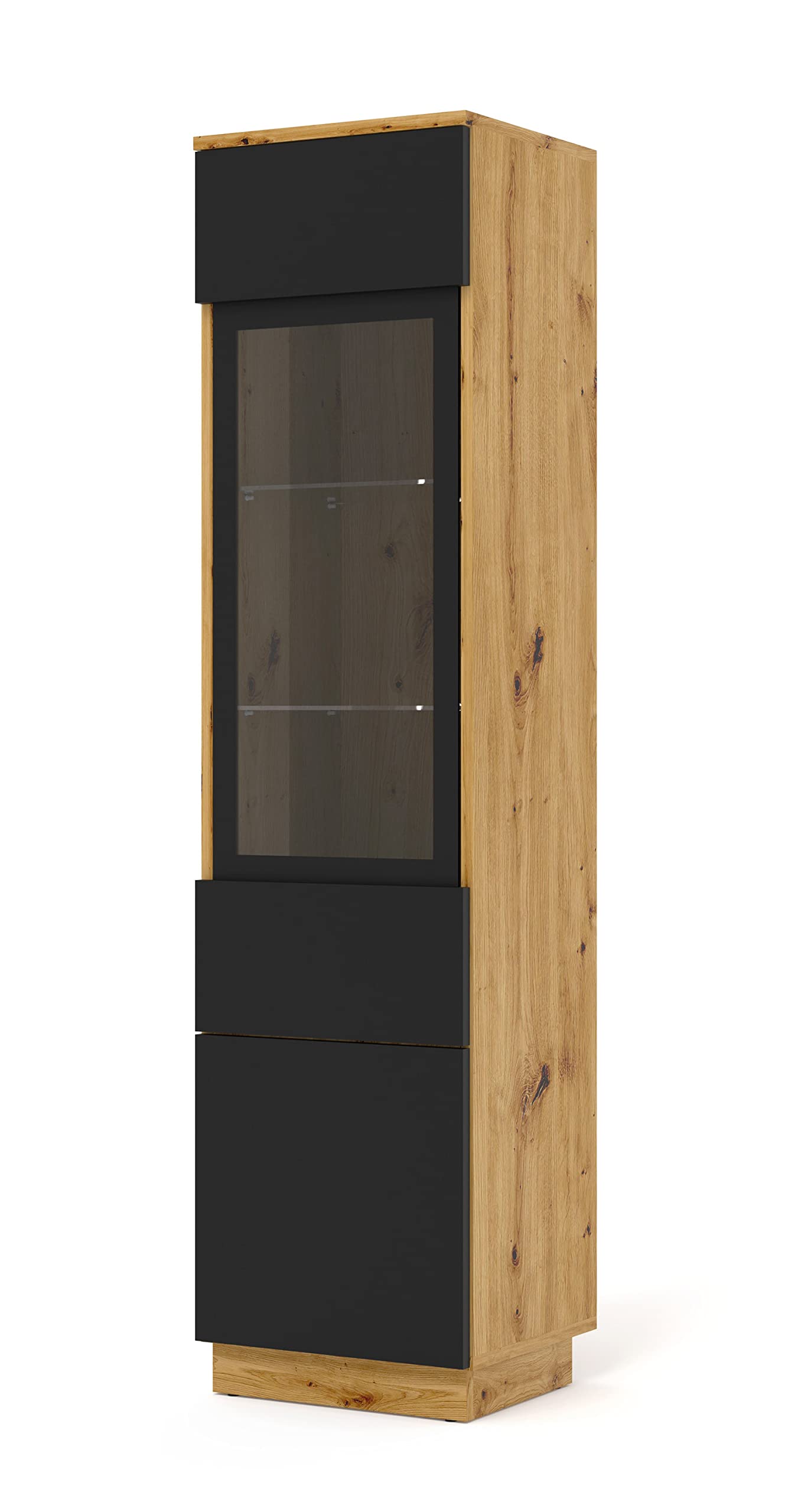 BIM Furniture Vitrina Aura – Armario colgante o vitrina de pie, armario de salón 33 x 37 x 150 cm, moderno, espacio de almacenamiento, roble Artisan/negro mate
