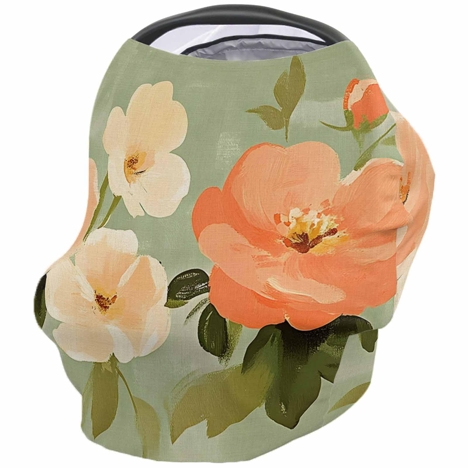 Watercolor Pink Camellia Nursing Cover for Breastfeeding Scarf, Sage Green Vintage Country Oil Painting Baby Car Covers Super Soft Multi Use for Canopy Shopping Cart Cover Blanket Stroller Cover