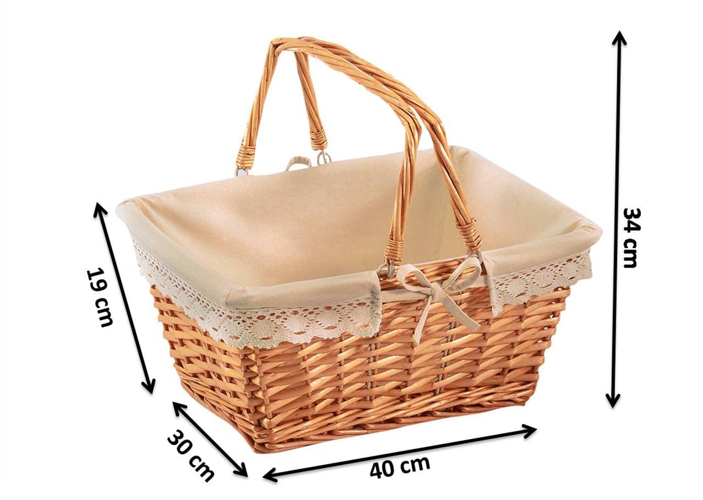 Kobolo Klappbügelkorb Weidenkorb mit Klapphenkeln eckig Textilfutter mit Häkelborte - braun - 40x30x19/34H cm