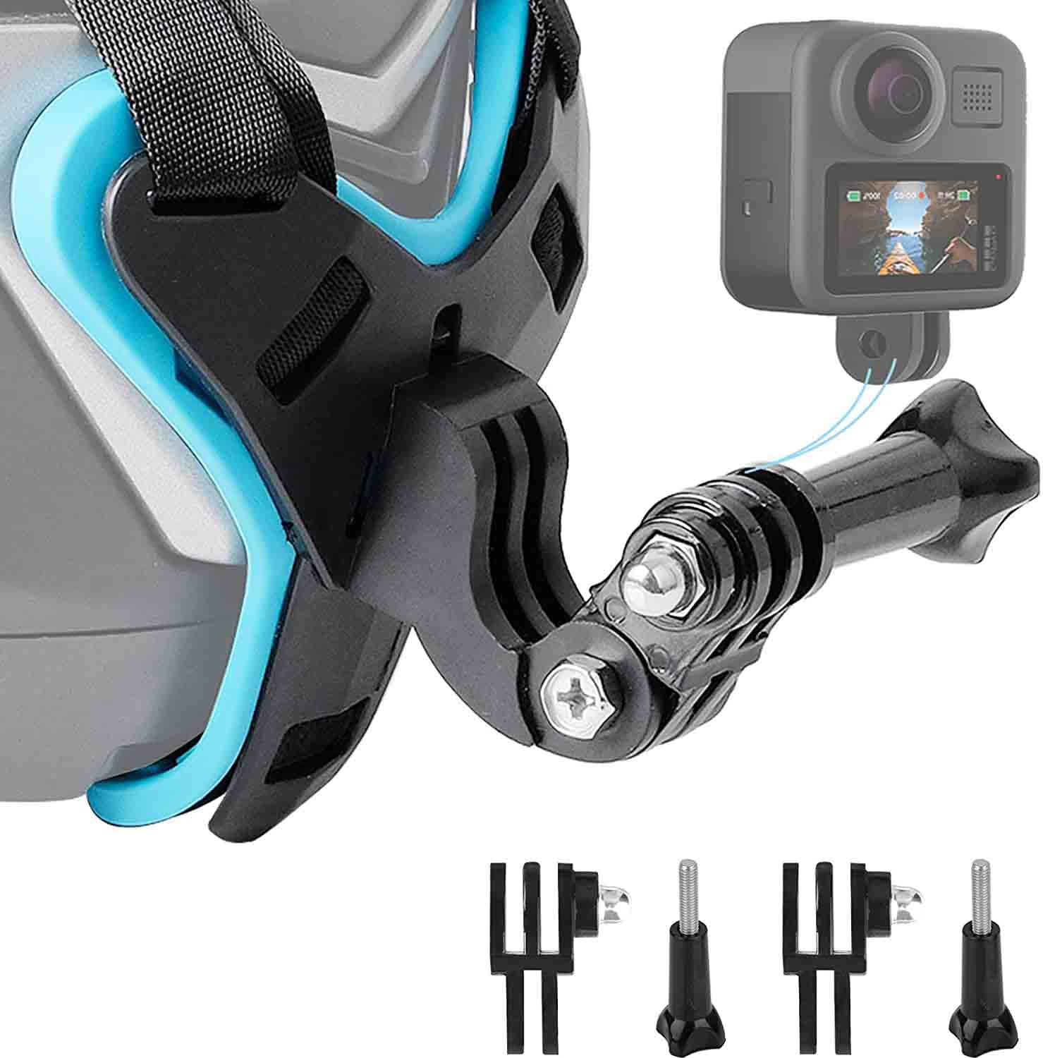 Helmet Chin Strap Mount Compatible with GoPro Hero 13/12/10/9/8/7/6 Black Hero, AKASO/Campark/DJI Action Camera, with Short Connection, GoPro Helmet (Black+Blue Chin Mount)