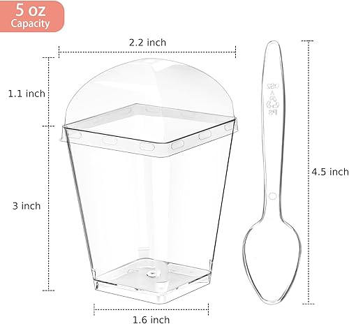 Miniatura 2 de Zezzxu Paquete de 100 tazas de postre de 5 onzas con tapas de cúpula y cucharas, tazas de pudín de plástico con tapas, mini tazas de parfait para