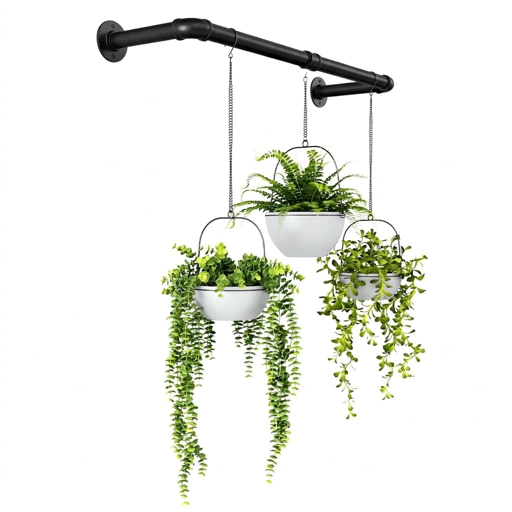 Bamworld Fioriere Sospese In Metallo Nero Per Piante Da Interno - Supporto Da Soffitto O Parete Per Macramè E Vasi - Decorazione Casa, Balcone - 3
