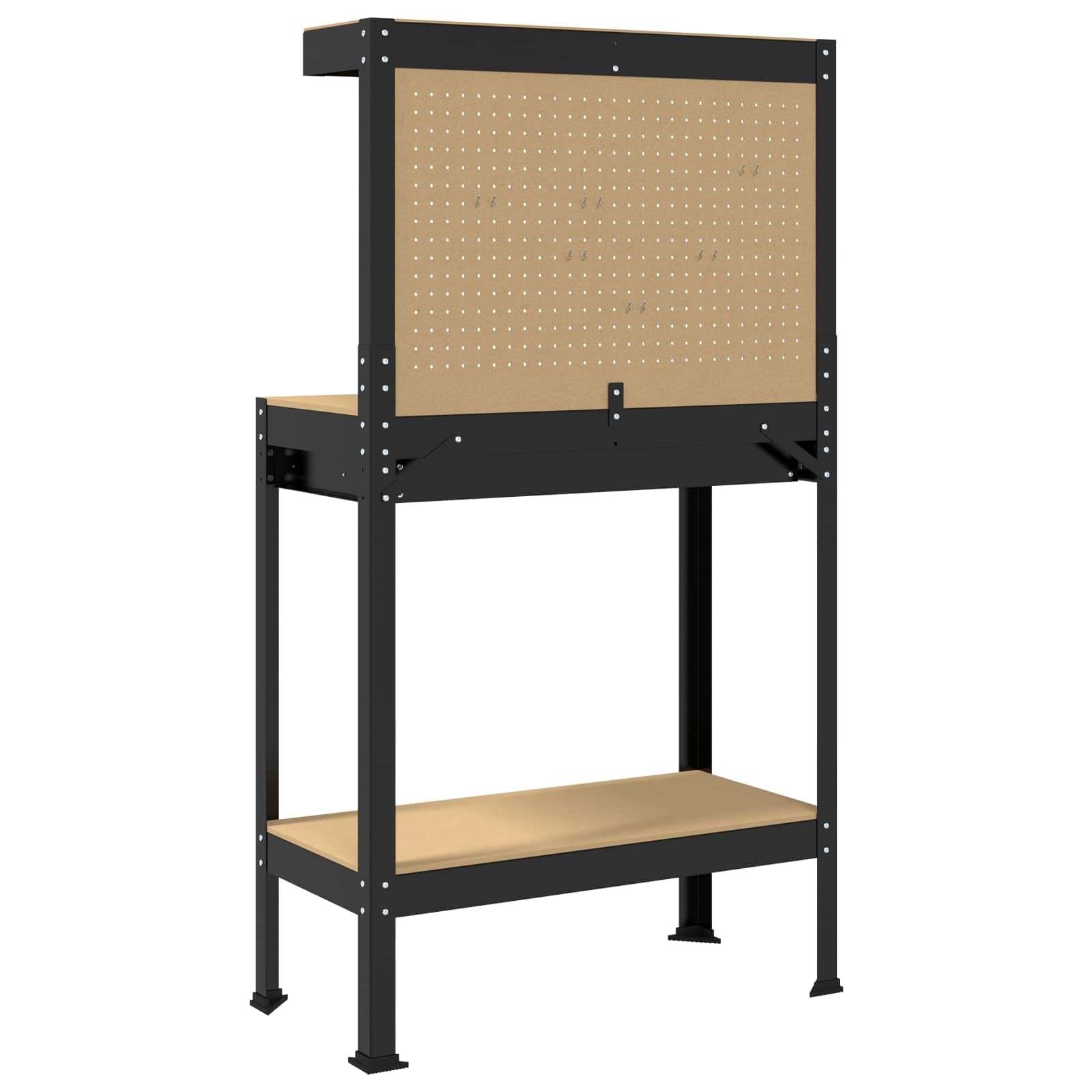 Banco de trabajo industrial con cajones, color negro, 81 x 41 x 145 cm, estructura de madera, estructura de metal, estanterías