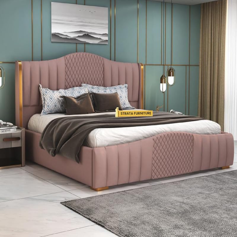 STRATA FURNITURE Solid Wood King Size Bed with Box Storage and Upholstered Headboard | Stylish Wooden Double Bed Cot Palang Furniture for Bedroom, Hotel, Living Room, and Home (Onion Pink)
