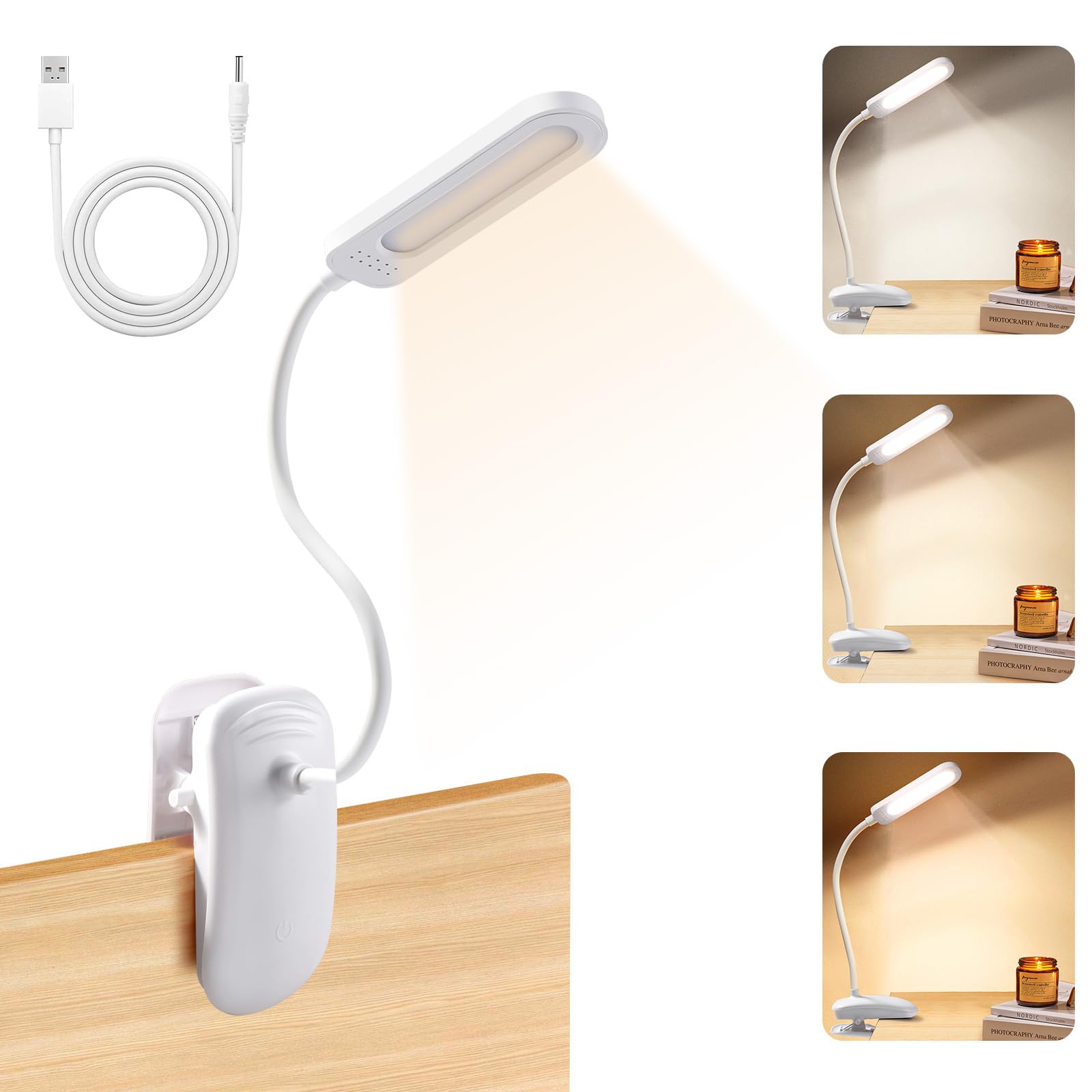 Diboniur - Lámpara de escritorio con pinza con adaptador USB, lámpara de lectura LED recargable, 360° flexible lámpara clip infantil, 3 colores e intensidad ajustables para estudio y trabajo