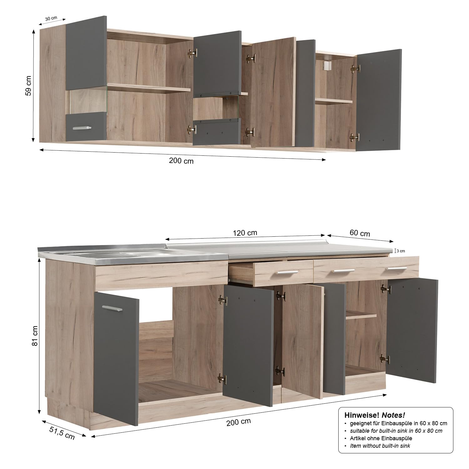 Homestyle4u Küchenzeile ohne Geräte 200 cm - Grau Eiche Holz | Singleküche mit Arbeitsplatte, Hängeschränke mit Glastüren, Unter- und Oberschränke - ideal für kleine Küchen
