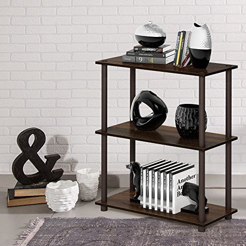 Image of Furinno TURN-N-TUBE Storage Shelves, 3-Tier Book Shelf, Corner Shelf, Toolless Open Shelves, for Organization and Storage, Living Room, Garage, Home Office, Walnut