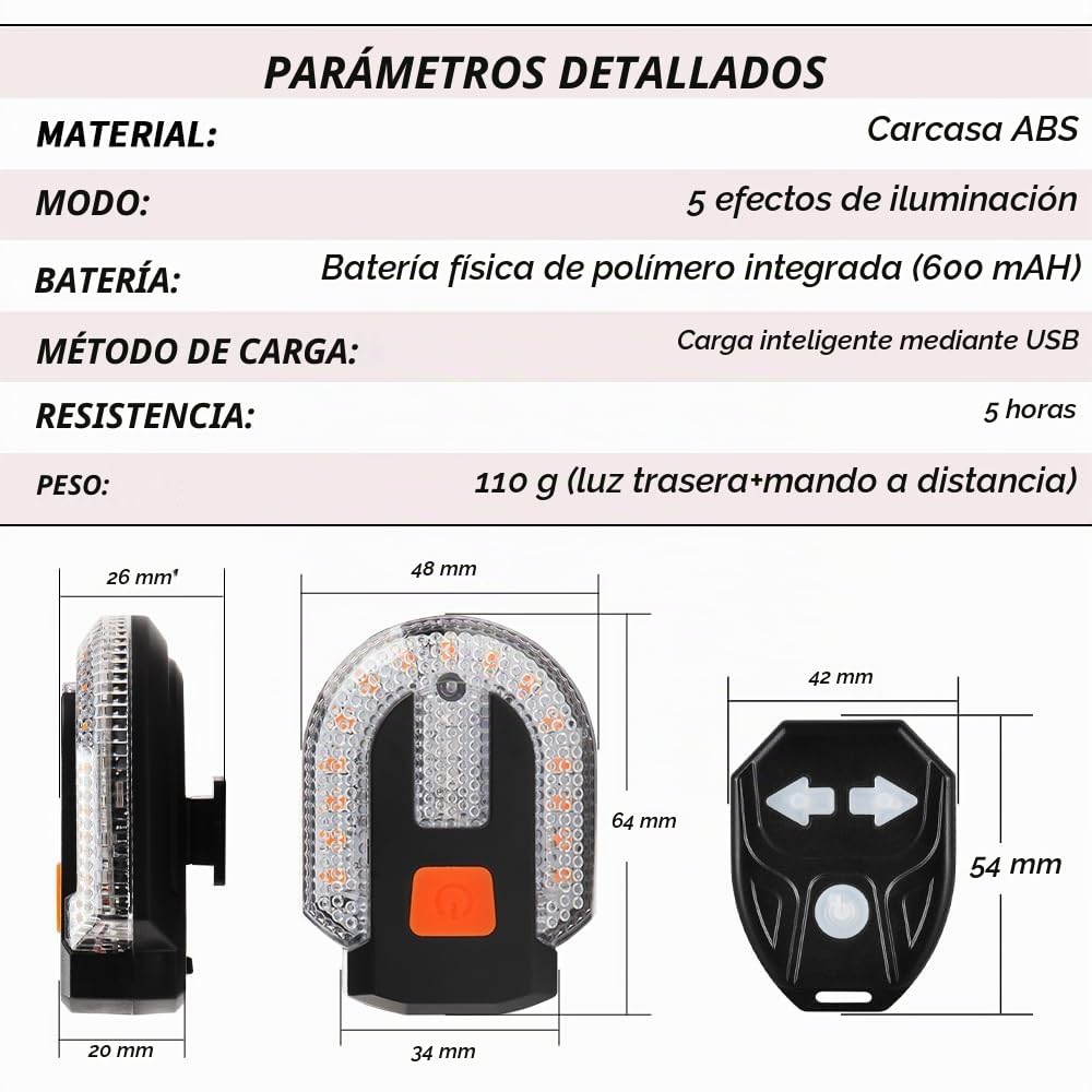 luz Trasera Bicicleta, 5 Modos de iluminación Control Remoto USB Recargable Estroboscopio para Bicicleta Intermitentes con Alarma (Rojo y Amarillo)