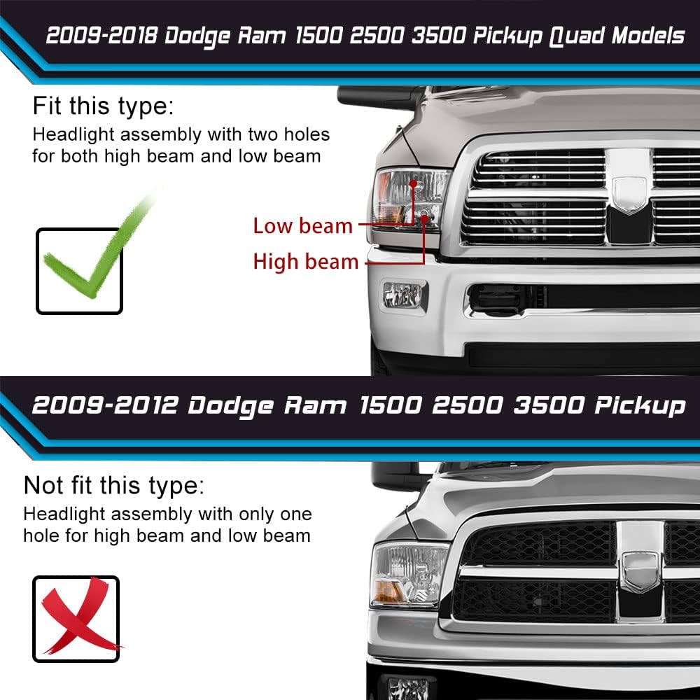 SOCKIR Quad Pickup Headlight Assembly Compatible with 2009-2018 Dodge Ram 1500/2010-2018 Dodge Ram 2500 3500 OE Replacement Halogen Headlamp Driver and Passenger Side Black Housing