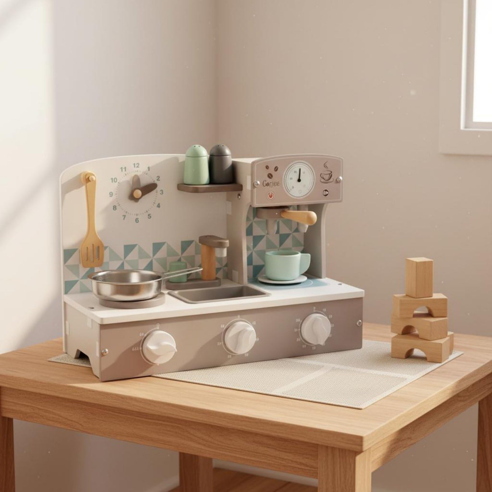 Children Play Kitchen Cocina de rol Cafetera de Juguete de Repostería Reloj Lúdico Tablero Estable de Madera y Metal Adecuado para Niños 4–6 Años Actividades en Casa Preescolar